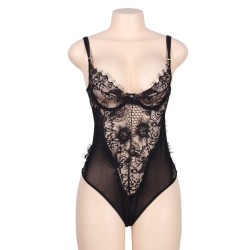 queen plus dentelle florale et teddy noir  franges