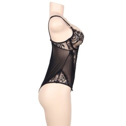 queen plus dentelle florale et teddy noir  franges