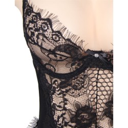 queen plus dentelle florale et teddy noir  franges