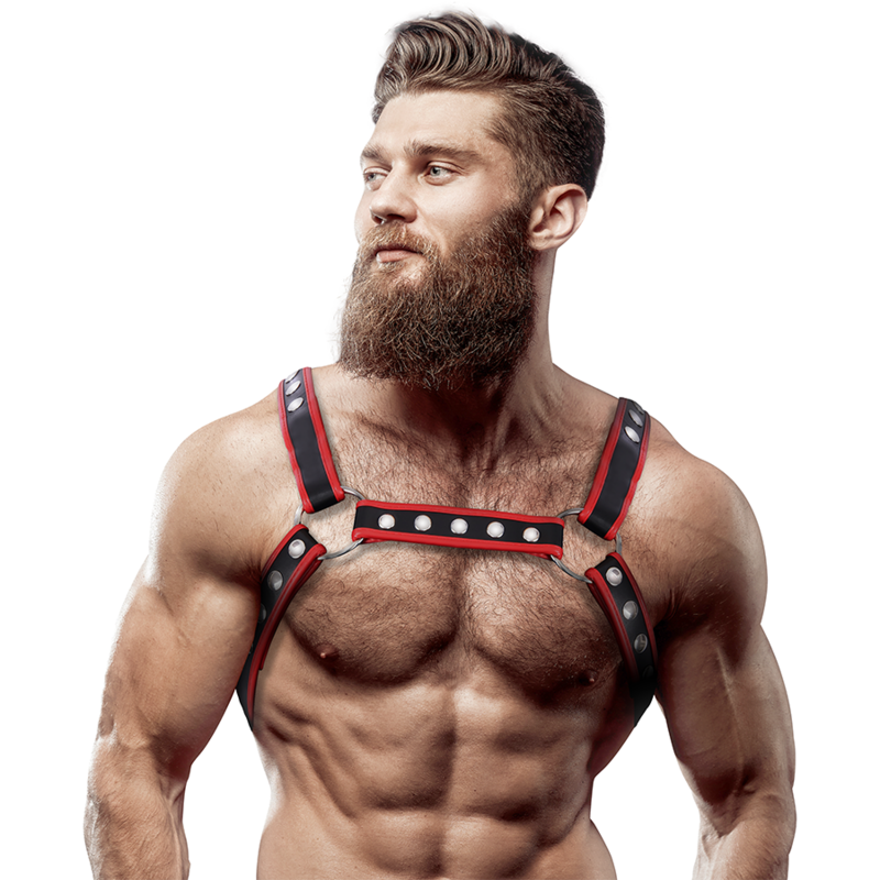 harnais de poitrine bulldog en cuir écologique pour hommes noir-rouge