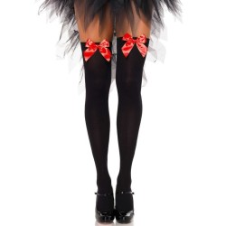 cuisses hautes en nylon noir avec noeud rouge taille unique