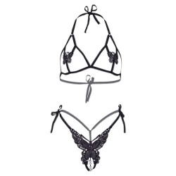 ensemble deux pièces soutien-gorge et culotte papillons & perles taille unique - noir