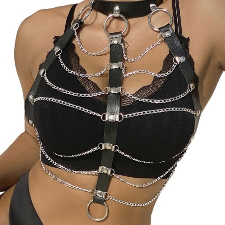 harnais poitrine chaîne s en cuir noir taille unique