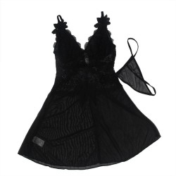 tissu tulle babydoll avec dentelle et détail fleur noir l-xl