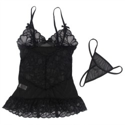 babydoll  bretelles réglables et dentelle transparente imprimé floral noir s-m
