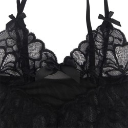 babydoll  bretelles réglables et dentelle transparente imprimé fleuri noir l-xl