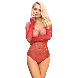952303 body shiny grill avec épaules dénudées manches longues rouge taille unique