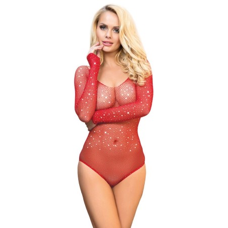 952303 body shiny grill avec épaules dénudées manches longues rouge taille unique