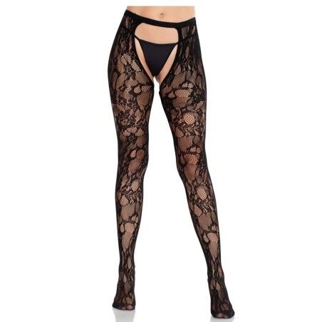 bas en dentelle rose avec dos ouvert noir