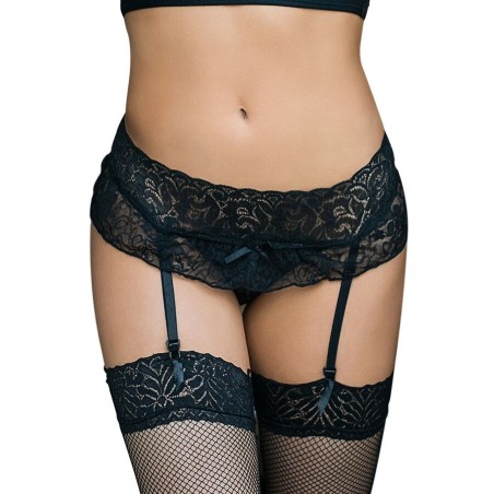 jarretière et string motif floral noir s-m