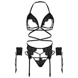 ensemble quatre pièces soutien-gorge, string, porte-jarretelles et poignets taille unique - noir