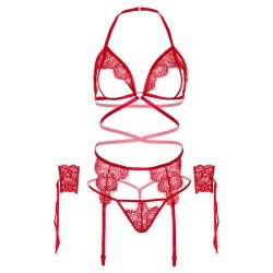 ensemble quatre pièces soutien-gorge, string, porte-jarretelles et poignets taille unique - rouge