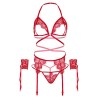 ensemble quatre pièces soutien-gorge, string, porte-jarretelles et poignets taille unique - rouge