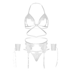 ensemble quatre pièces soutien-gorge, string, porte-jarretelles et poignets taille unique - blanc