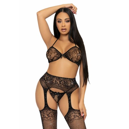 ensemble trois pièces soutien-gorge, string et bas taille unique - noir