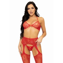 ensemble trois pièces soutien-gorge, string et bas taille unique - rouge
