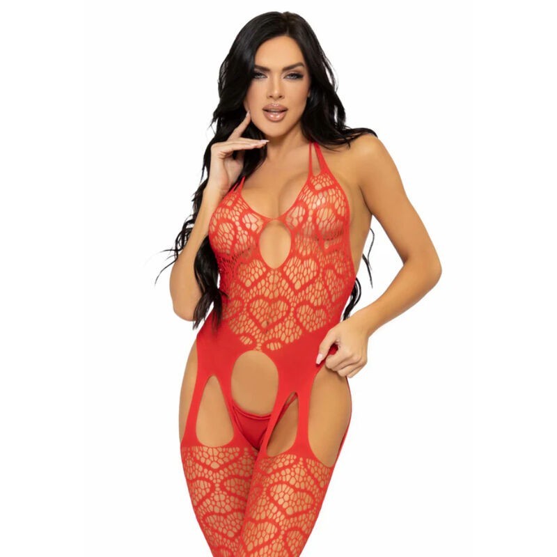 bodystocking jarretelles en filet taille unique - rouge bodystocking jarretelles en filet taille unique - rouge