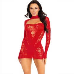mini robe avec dentelle manches longues rouge