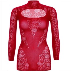 mini robe avec dentelle manches longues rouge