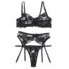 ensemble 3 pièces soutien-gorge + string + jarretière imprimé floral noir s-m