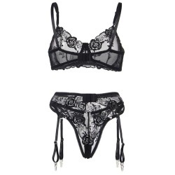 ensemble 3 pièces soutien-gorge + string + jarretière imprimé floral noir s-m