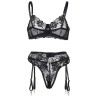 ensemble 3 pièces soutien-gorge + string + jarretière imprimé floral noir s-m