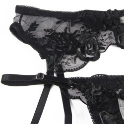 ensemble 3 pièces soutien-gorge + string + jarretière imprimé floral noir s-m