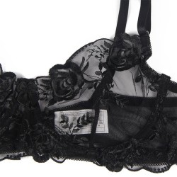 ensemble 3 pièces soutien-gorge + string + jarretière imprimé floral noir s-m