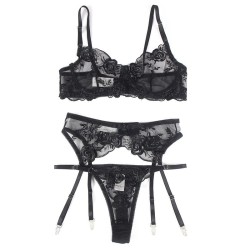 lot 3 pièces soutien-gorge + string + jarretière imprimé floral noir l-xl