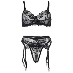 lot 3 pièces soutien-gorge + string + jarretière imprimé floral noir l-xl