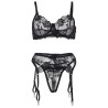 lot 3 pièces soutien-gorge + string + jarretière imprimé floral noir l-xl
