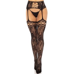 bas jarretière dentelle florale noir