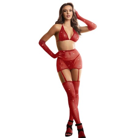 952181 bodystocking resille avec gants et diamants rouge taille unique