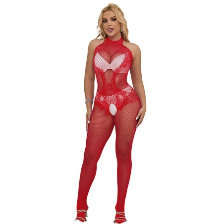 952372 bodystocking résille et dentelle sans fourrure col montant rouge taille unique