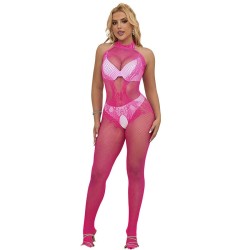 952389 bodystocking résille et dentelle sans fourrure avec col montant rose taille unique