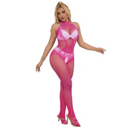 952389 bodystocking résille et dentelle sans fourrure avec col montant rose taille unique
