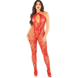 bodystocking en maille imprimé fleuri rouge taille unique