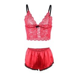 953904 chemisier de nuit en soie et dentelle + culotte rouge l-xl