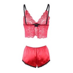 953904 chemisier de nuit en soie et dentelle + culotte rouge l-xl