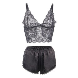 953928 chemisier de nuit en soie et dentelle + culotte noire l-xl
