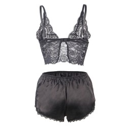 953928 chemisier de nuit en soie et dentelle + culotte noire l-xl