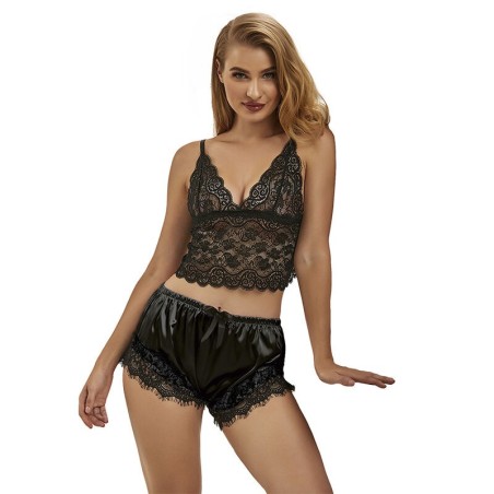 953942 chemise de nuit décontractée en soie + pantalon en dentelle noir l-xl