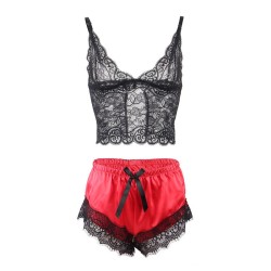 953959 chemise de nuit décontractée en soie + pantalon en dentelle noir-rouge s-m