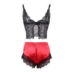 953959 chemise de nuit décontractée en soie + pantalon en dentelle noir-rouge s-m
