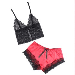 953966 chemise de nuit décontractée en soie + pantalon en dentelle noir-rouge l-xl