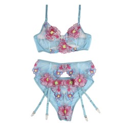 954116 soutien-gorge + culotte avec porte-jarretelles motif floral bleu l-xl