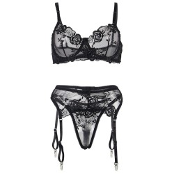 945237 soutien-gorge + culotte avec porte-jarretelles motif floral noir s-m