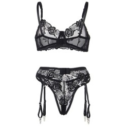 945237 soutien-gorge + culotte avec porte-jarretelles motif floral noir s-m