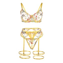 954352 soutien-gorge + string + porte-jarretelles motif floral jaune l-xl