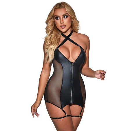 954444 robe sexy en maille cuir noir s-m
